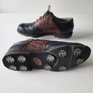 ETONIC Leather Golf Shoes Mens 9.5W Cleats Brown Black Metal Studs 2003‎ Classic